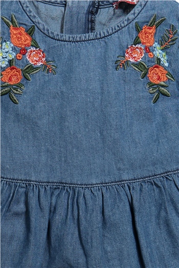 Çiçek Nakisli Uzun Kollu Kot Elbise (9ay-4yas)