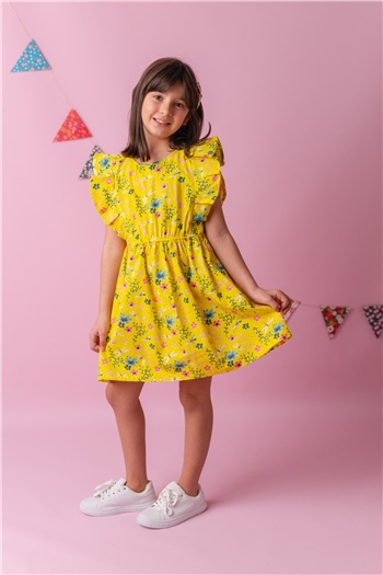 Kız Çocuk Sarı Çiçek Desenli Elbise (5-14yaş)