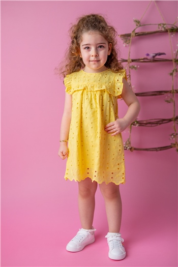 Kız Bebek Sarı Dantelli Kolları Fırfırlı Elbise (9ay-4yaş)
