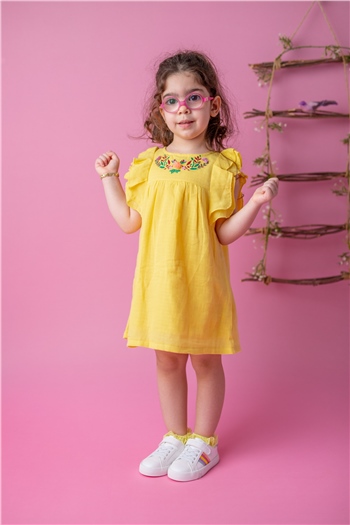 Kız Bebek Sarı Flowers Nakışlı Elbise (9ay-4yaş)