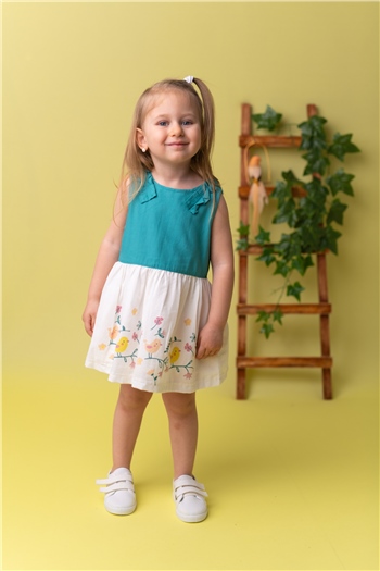 Kız Bebek Yeşil Kuş Baskılı Dokuma Elbise (9ay-4yaş)