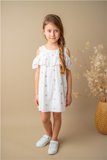 Kız Çocuk Beyaz Çiçek Nakışlı Düşük Kollu Elbise (5-14yaş)
