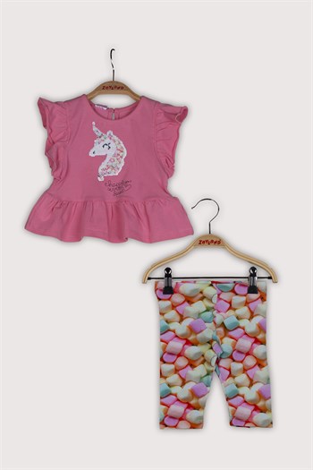 Kız Bebek Kolları Fırfırlı Pullu T-Shirt ve Tayt Takım (12ay-5yaş)