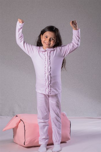 Kız Çocuk Pembe Fırfırlı Önü Düğmeli Pijama Takımı (2-7yaş)