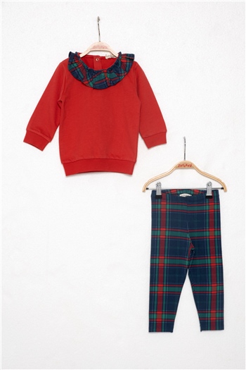 Kız Çocuk Kırmızı Ekoseli Sweatshirt ve Tayt Takım (9ay-7yaş)