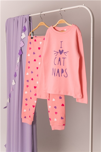 Kız Çocuk Love Cats Baskılı Pijama Takımı (5-14yaş)