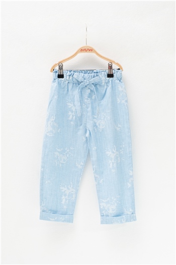 Kız Bebek Mavi Desenli Beli Lastikli Pantolon (2-7yaş)