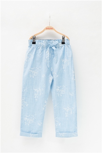 Kız Çocuk Beli Lastikli İnce Mavi Çiçekli Pantolon (5-12yaş)