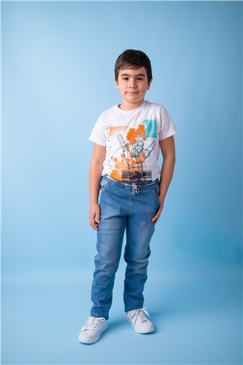 Erkek Çocuk Mavi Bel Kemerli Lastikli Kot Pantolon (5-14yaş)