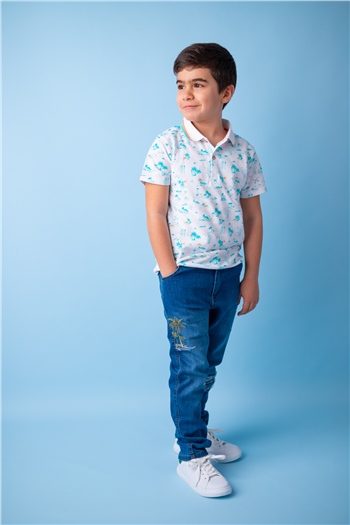 Erkek Çocuk Mavi Palmiye Nakışlı Kot Pantolon (5-14yaş)