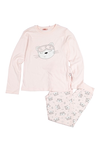 Kız Çocuk Kedi Baskılı Pijama Takımı (5-14yaş)