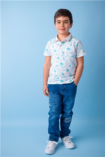Erkek Çocuk Mavi Surf Baskılı Polo Yaka T-Shirt (5-14yaş)
