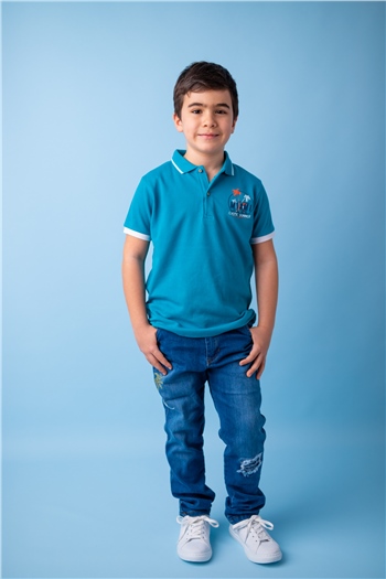 Erkek Çocuk Mavi Palmiye Baskılı Polo Yaka T-Shirt (5-14yaş)